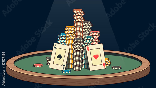 Poker table with stacks of colorful chips, aces of spades and hearts cards, dramatic spotlight on green felt, flat vector illustration for casino, gambling and game concept.
