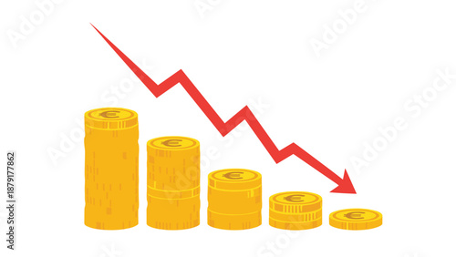 Visual representation of decreasing stacks of Euro coins, accompanied by a sharp downward-trending red arrow, powerfully symbolizing financial loss, economic decline, or market downturn.