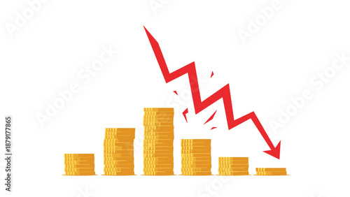 Dynamic illustration featuring stacks of Euro coins alongside a zigzagging downward-trending red arrow, symbolizing financial volatility, economic instability, and significant loss.