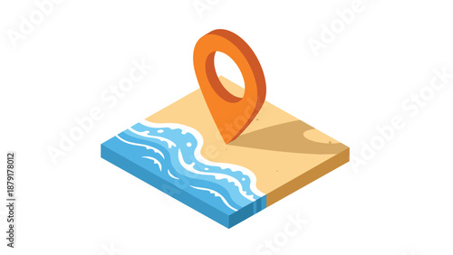 Stylized isometric map icon depicting a serene beach and sparkling ocean, prominently marked with a vibrant orange location pin, symbolizing a travel destination.