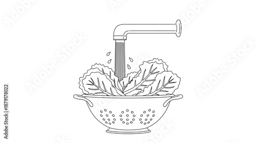 a colander with lettuce leaves being rinsed under running water