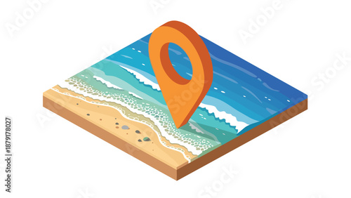 Detailed isometric map icon showcasing a beautiful beach with gentle waves meeting the ocean, highlighted by a prominent orange location pin, perfect for travel themes.