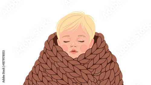 Adorable blonde baby peacefully sleeping, snugly enveloped in a thick, comforting, brown knitted blanket, conveying warmth and security.