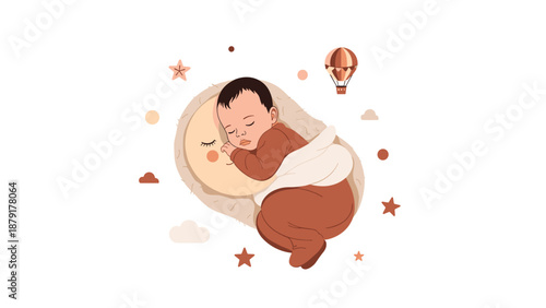 Whimsical illustration of a baby peacefully sleeping on a soft crescent moon pillow, surrounded by twinkling stars, distant planets, and charming hot air balloons.
