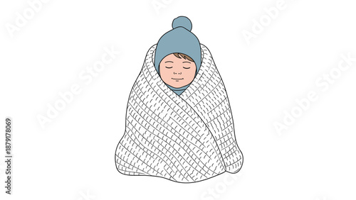 Sweet illustration of a baby peacefully sleeping, warmly swaddled in a soft white knitted blanket and wearing a cozy blue hat.