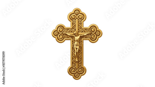 Magnificently ornate golden cross featuring a detailed figure of Jesus, creating a powerful and reverent crucifix, symbolizing Christian faith and sacrifice.