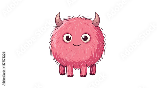 Delightful and fuzzy pink monster, featuring small horns and captivating big eyes, exuding a warm and inviting smile.