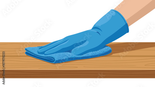 Clear illustration of a gloved hand meticulously wiping a clean wooden surface with a soft blue cleaning cloth, emphasizing cleanliness and care.
