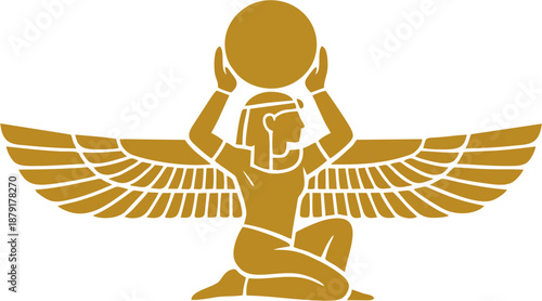 Elegant Golden Winged Egyptian Goddess Kneeling with Sun Disk Line Art Emblem