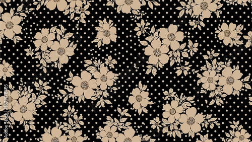 A close-up view of a floral pattern featuring daisies and leaves on a black background with small white dots