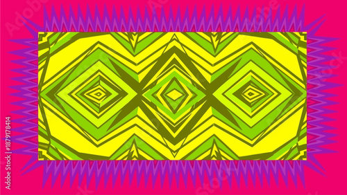 Vibrant geometric pattern with diamond shapes and tribal motifs in bright colors from a direct viewpoint