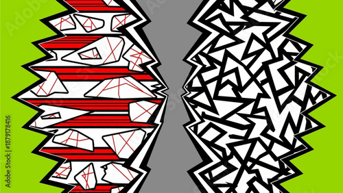 Futuristic landscape with abstract geometric shapes and vibrant colors, viewed from a unique perspective, showcasing technology and art