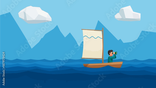 Sailor navigating a small sailboat across serene waters with majestic mountains in the background