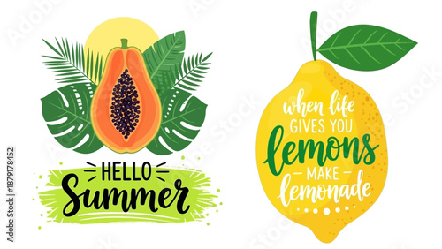 Vibrant Summer Illustration Featuring Fruits and Leaves in a Tropical Setting with a Motivational Quote on a Bright Lemon