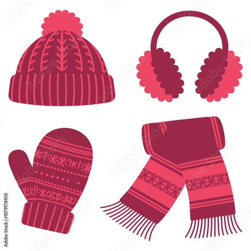 Winter clothing accessory set of hat earmuffs glove and scarf in flat vector style for keeping warm in cold weather and seasonal fashion
