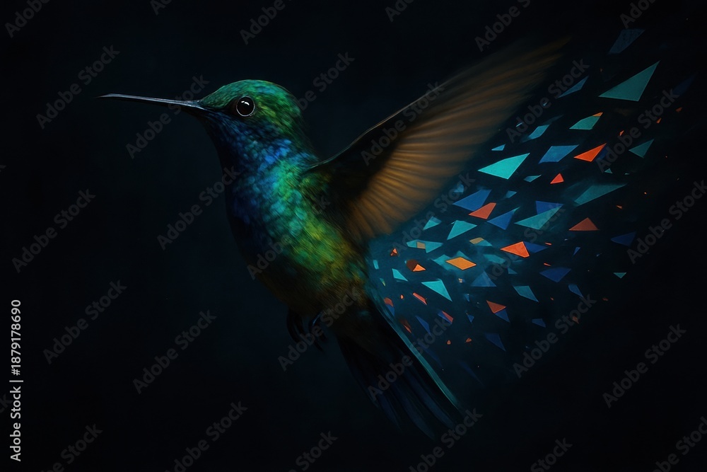 Fototapeta premium Hummingbird in flight nature scene artistic representation dark vibrant colors motion concept
