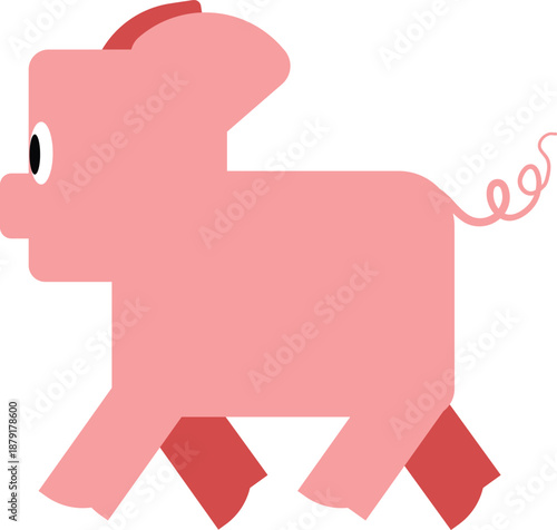 Minimalist pink pig flat vector with geometric shapes, a playful curly tail, and red hooves
