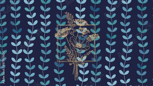 Intricate golden floral pattern on dark blue background with repeating leaf motifs and central ornate design viewed from directly above.