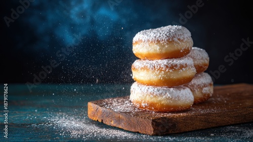 Stack of traditional Berliner donuts with powdered sugar on a rustic wooden board against a dark background               