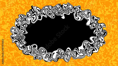 An ornate silver frame on an orange background with a black center, viewed directly from the front.