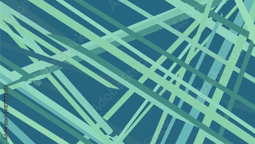 Abstract digital illustration of intersecting lines and shapes in shades of green on a blue background from a top-down viewpoint
