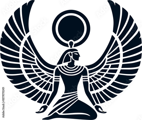 Black and Gold Winged Egyptian Goddess Kneeling with Sun Disk Symmetrical Emblem