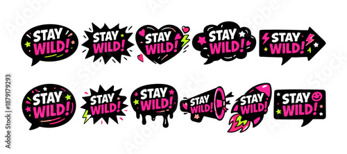 Stay wild typography collection with bold comic style elements and neon accents