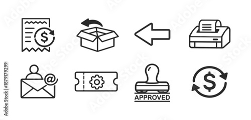 Business icon set: finance, shipping, approval, and email symbols in bold linear style