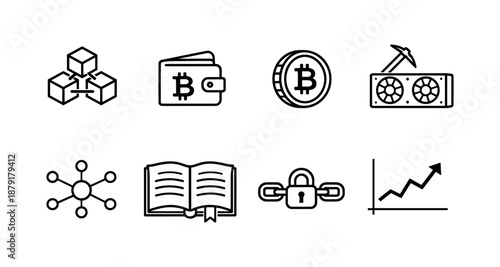 Cryptocurrency icons: blockchain, mining, wallet, network, security, growth