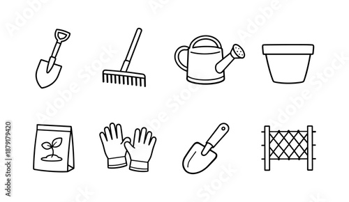 Minimalist gardening tools icons set: shovel, rake, watering can, pot, gloves