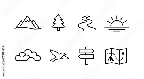 Outdoor adventure icons: mountains, trees, trails, and maps in simple line art