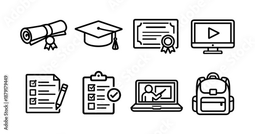 Education icons set: linear style graduation, certification, and online learning symbols