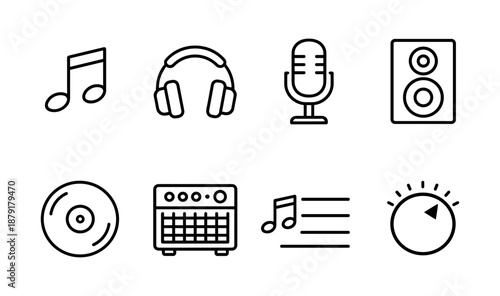 Music icon set featuring headphones, microphone, speaker, and musical notes in linear style