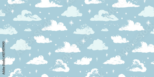 Cute Cloud Seamless Pattern Vector Background in Soft Blue Sky With Stars