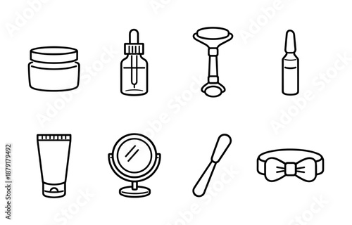 Elegant outline icons of beauty and grooming accessories in black and white