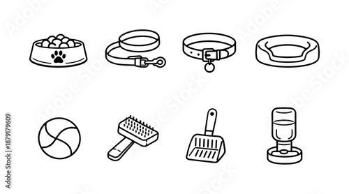 Essential pet care outline icons: collar, bowl, bed, and more for cat and dog lovers