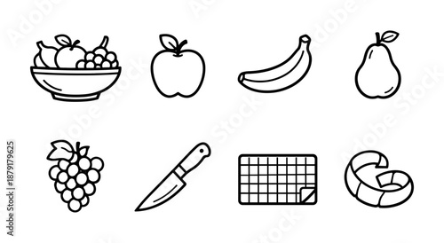 Simple linear icons of fruits with kitchen tools for cooking concepts