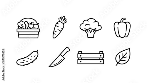 Minimalist vegetable icons: carrot, broccoli, pepper, cucumber, knife, crate, leaf