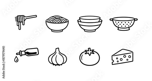 Set of linear food icons: honey, noodles, bowls, colander, oil, garlic, tomato, cheese