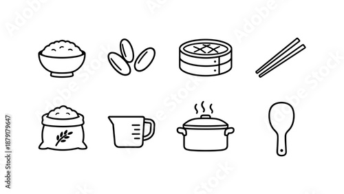 Minimalist icons of rice, cooking utensils, and traditional asian cookware