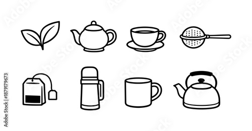 Tea essentials collection: line art teapots, cups, leaves, and accessories