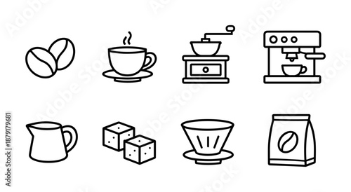 Minimalist coffee icons collection featuring brewing equipment and accessories
