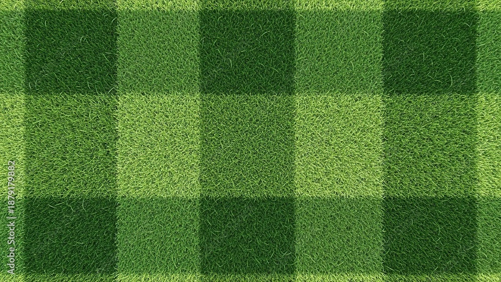 Fototapeta premium A vibrant green grassy surface with a unique patchwork pattern of squares and rectangles