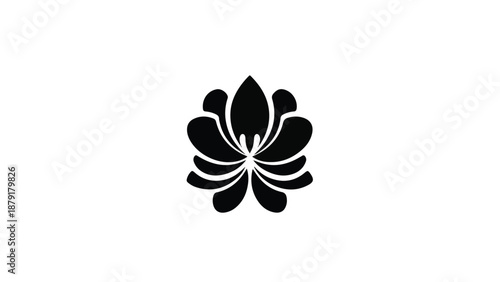 Black silhouette of a stylized flower logo on a white background with smooth curved petals.