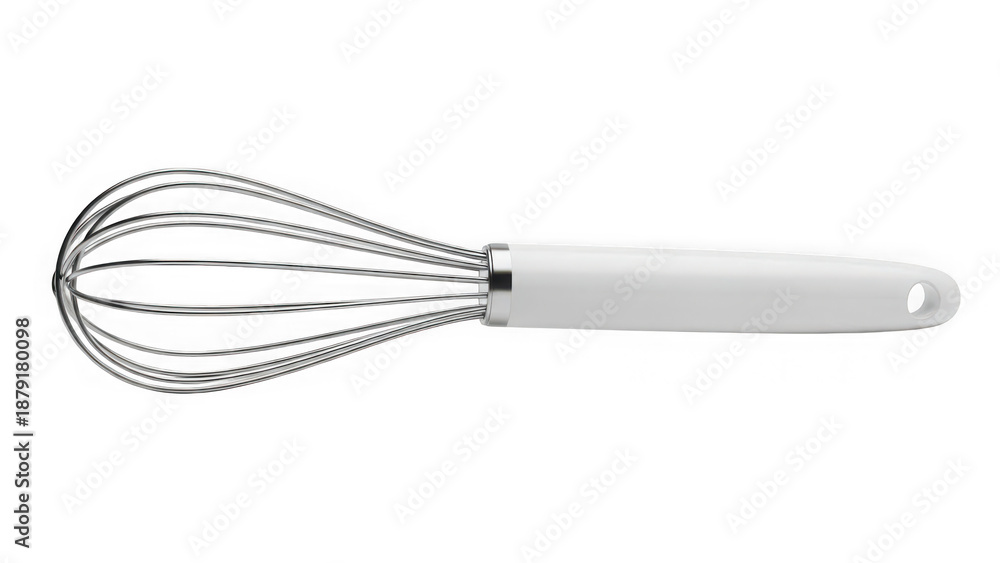 Fototapeta premium White plastic handled stainless steel egg whisk isolated on transparent background