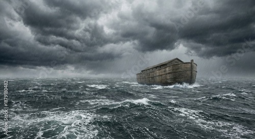 Noah's Ark sailing through the flood with dark clouds and rain in the sky during Old Testament times