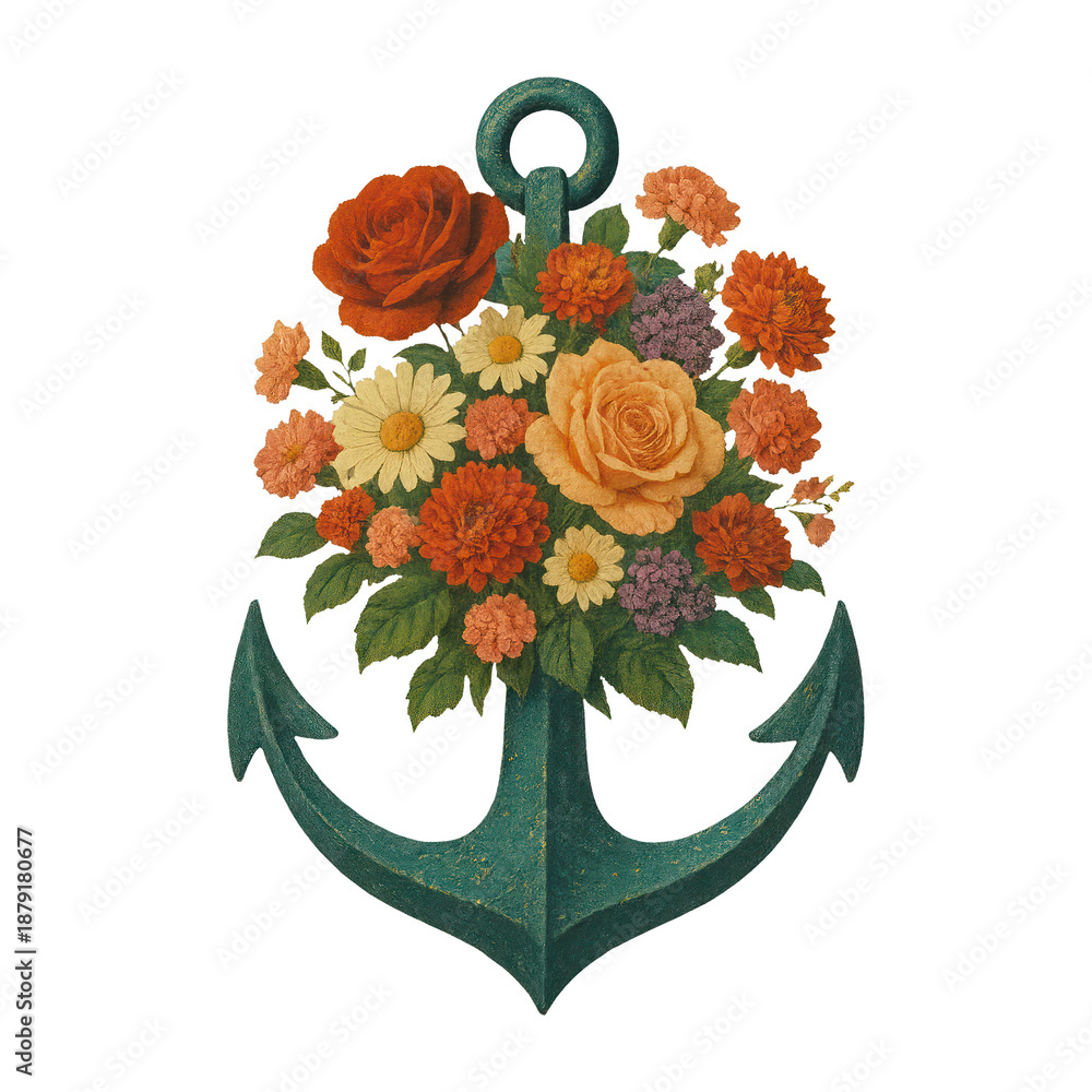 Fototapeta premium PNG Anchor adorned with vibrant flowers.