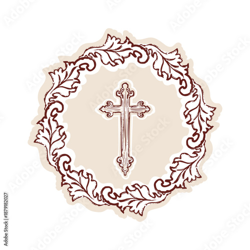Hand drawn christian easter cross foliage wreath for decorative holy week bible study sticker. Isolated flat vector editable for church announcement, journaling and pretty aestetic for christianity