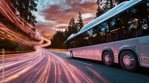 Bus on road with light trails at sunset