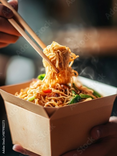 Food photography of a person using chopsticks to eat noodles in a paper takeout container.